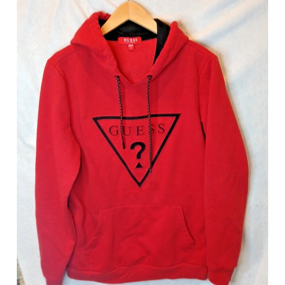 GUESS Mens Small Red Logo Hoodie Pullover Sweatshirt Streetwear Embossed